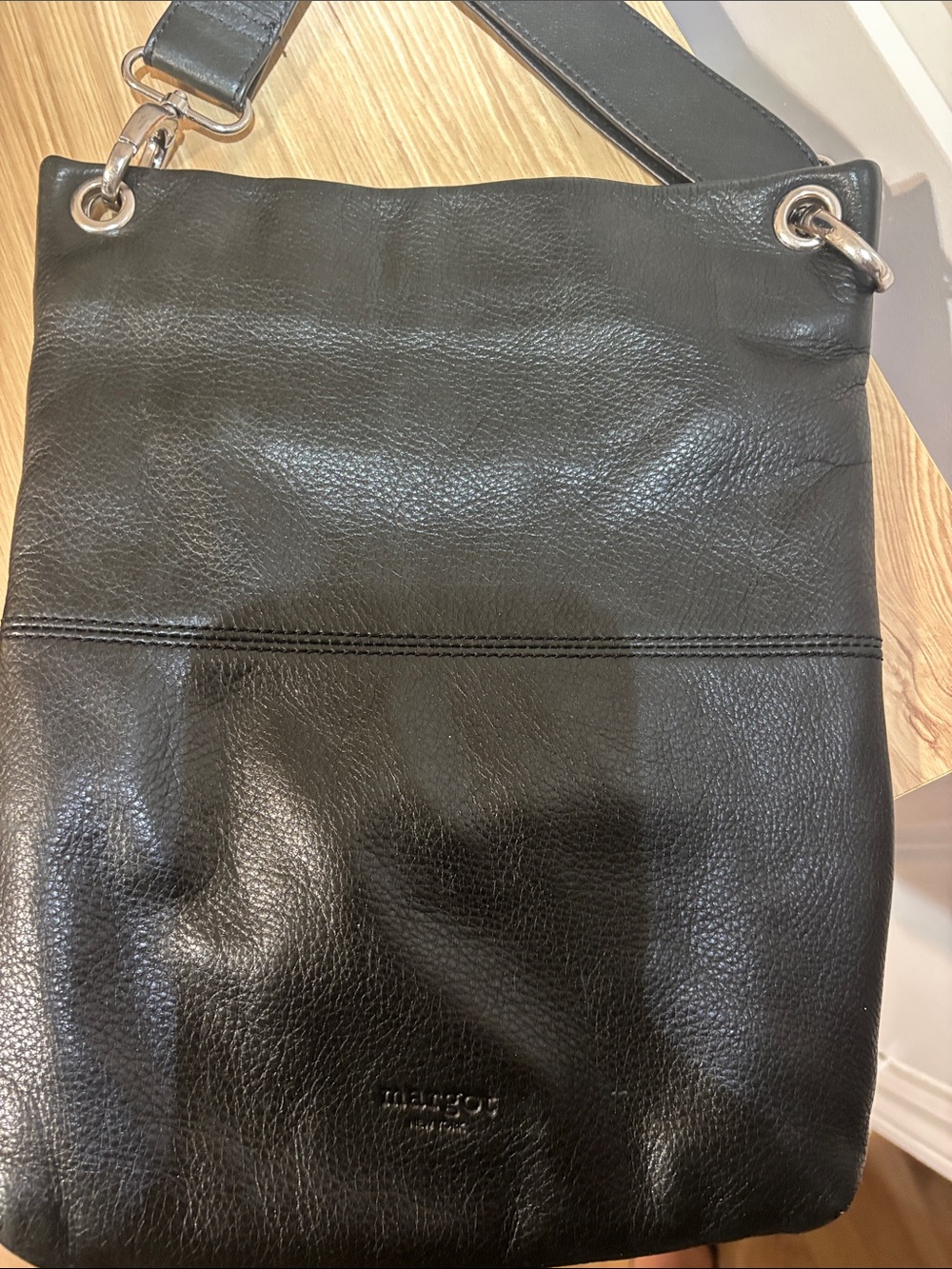 Black Leather Crossbody Bag with Silver Ring Details - Picture 8 of 15